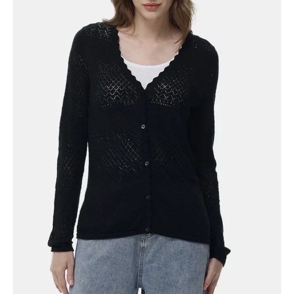 Frye Women's Black Pointelle V-Neck Cardigan Cottagecore Coastal Cotton Large